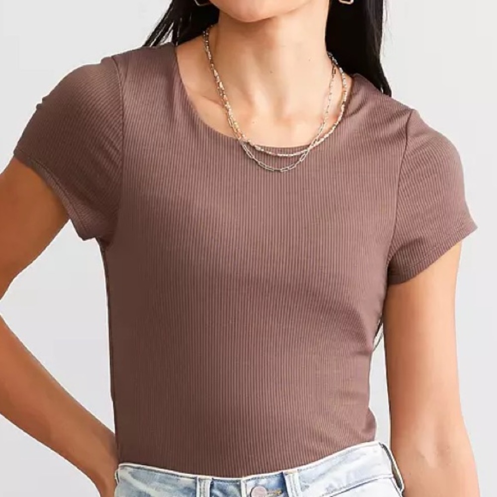 Brown Ribbed Short Sleeve Tee